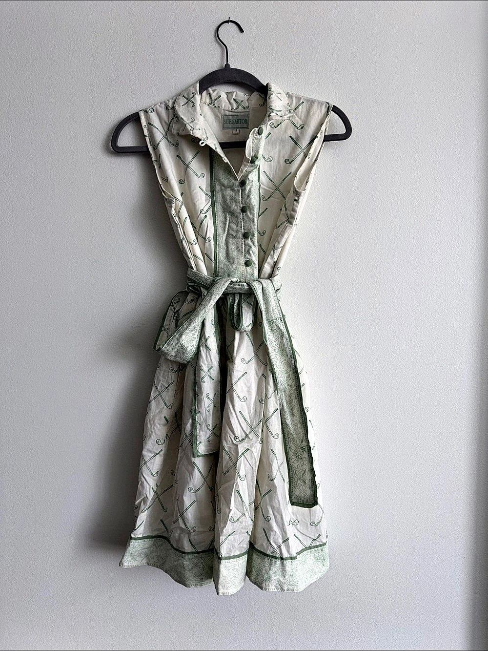 Sue Sartor x Byrdie Golf Flounce Dress Golf Club Print Green & White Midi Dress